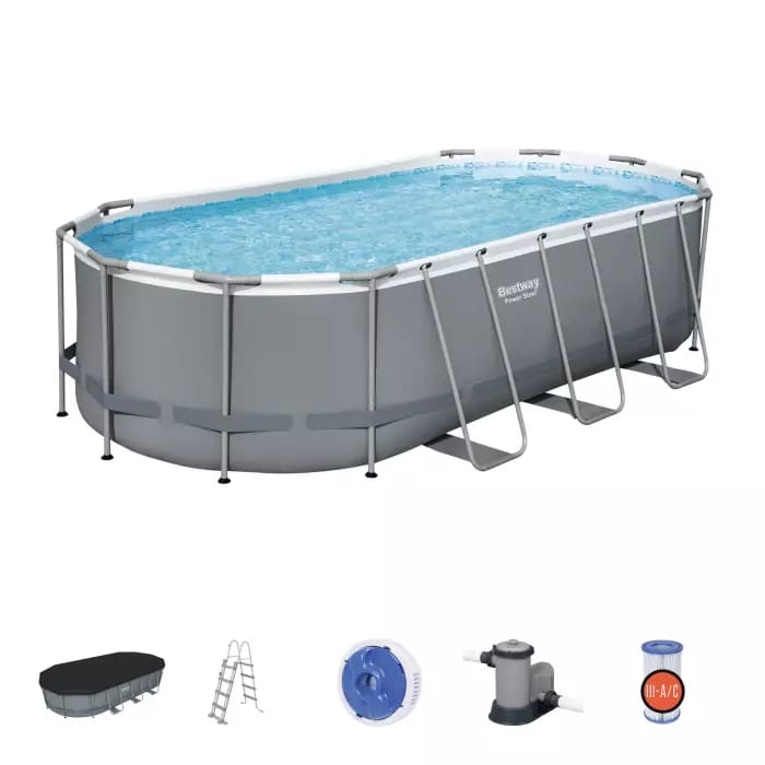 Каркасный бассейн Power Steel 549х274х122см, 13430л, фил.-насос 5678л/ч, лестница, тент, попл.-доз., Bestway, 56710 BW