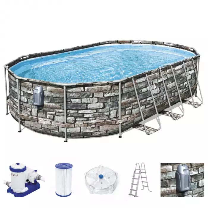 Каркасный бассейн Power Steel 610x366x122см "Камень" 20241л, фил.-нас. 9463л, лестн, гидромас, подсв, Bestway, 56719 BW
