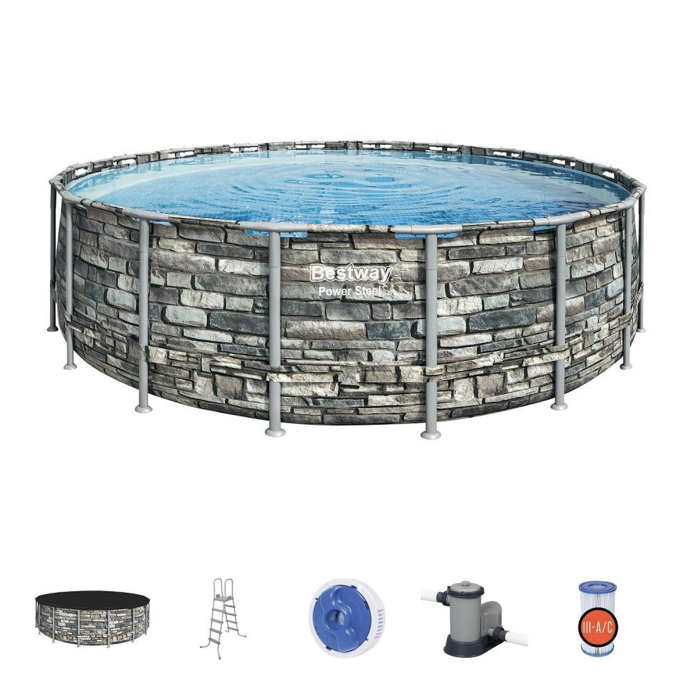 Каркасный бассейн Power Steel 549x132см "Камень" 26000л, фил.-нас. 5678л/ч, лестн., тент, попл.-доз., Bestway, 56886 BW