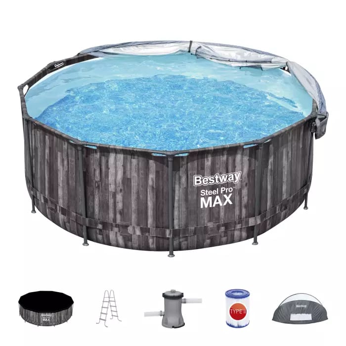 Каркасный бассейн Steel Pro Max 366х122см, 10250л, с навесом, фил.-насос 2006л/ч, лестница, тент, Bestway, 5619K BW
