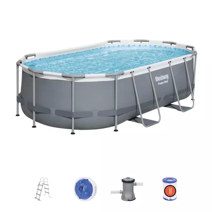 Каркасный бассейн Power Steel 427х250х100см, 7250л, фил.-насос 2006л/ч, лестница, попл.-дозатор, Bestway, 56620 BW