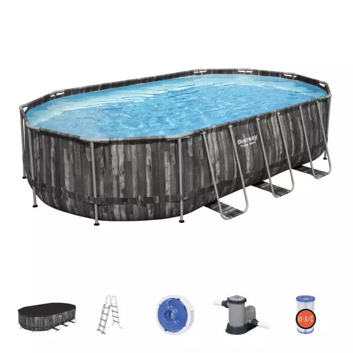 Каркасный бассейн Power Steel 610х366х122см, 20241л, фил.-насос 5678л/ч, лестница, тент, попл.-доз., Bestway, 5611R BW