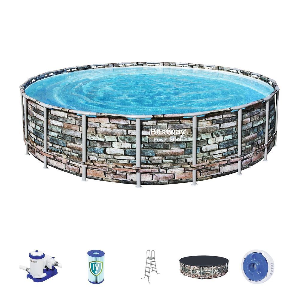 Каркасный бассейн Power Steel 610x132см "Камень" 33240л, фил.-нас. 9463л/ч, лестн., тент, попл.-доз., Bestway, 56883 BW